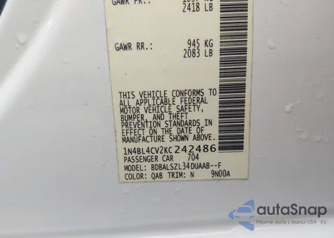 2019 Nissan Altima 2.5 Sr z USA, uszkodzony, nr VIN 1N4BL4CV2KC242486